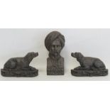 Pair of Victorian cast iron fireplace ornaments in the form of recumbent Retriever dogs, each 15cm