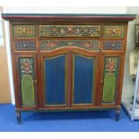 Large Indonesian ornate painted teak cupboard fitted with five drawers and cupboards below decorated