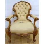 Victorian walnut framed ladies chair with scroll carved toprail, upholstered button back and seat