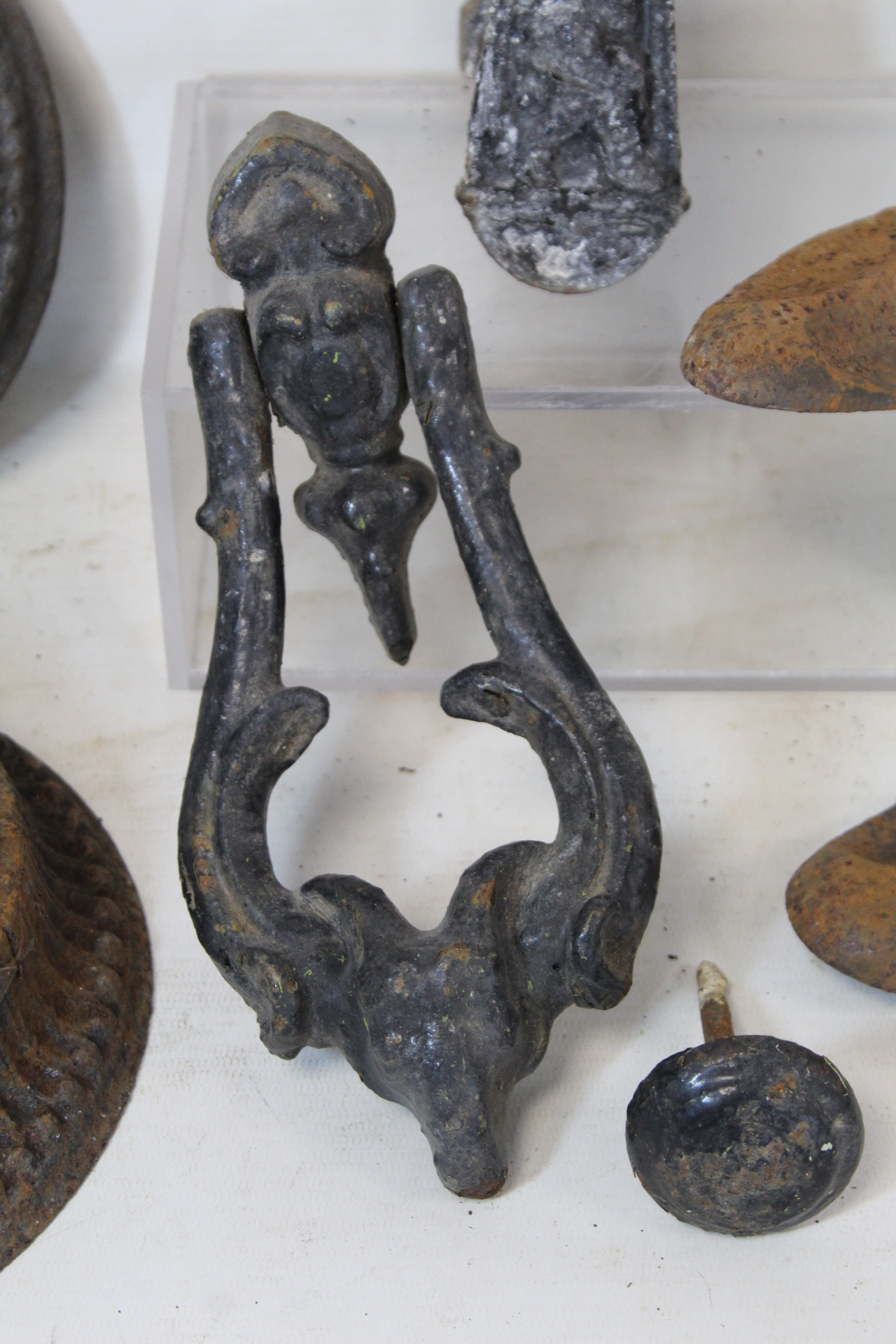 Victorian cast iron door knocker with ram's head mask and scrolled decoration, 23cm high; another of - Image 2 of 4