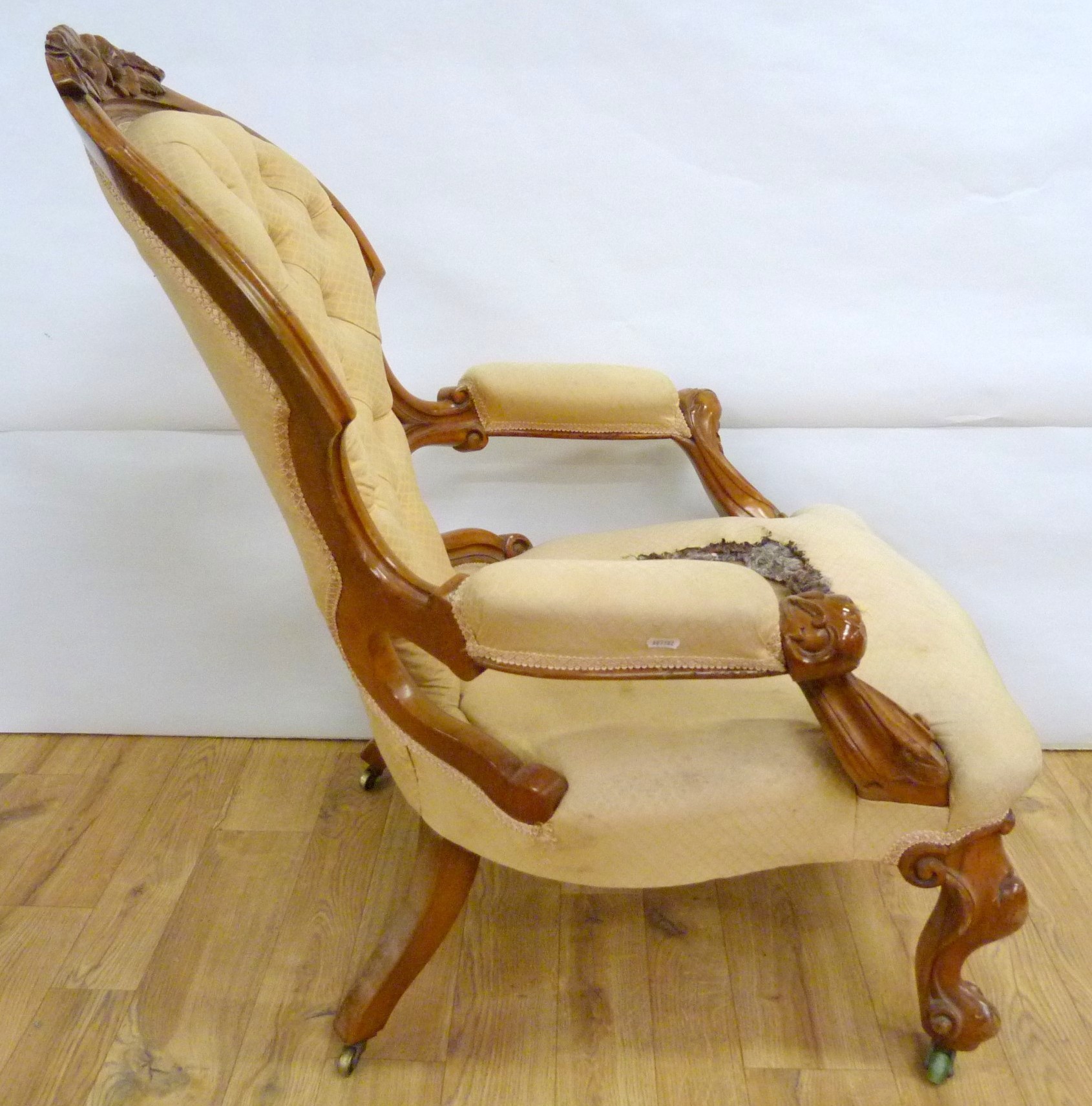 Victorian walnut framed ladies chair with floral carved toprail, upholstered button back and seat - Image 9 of 24