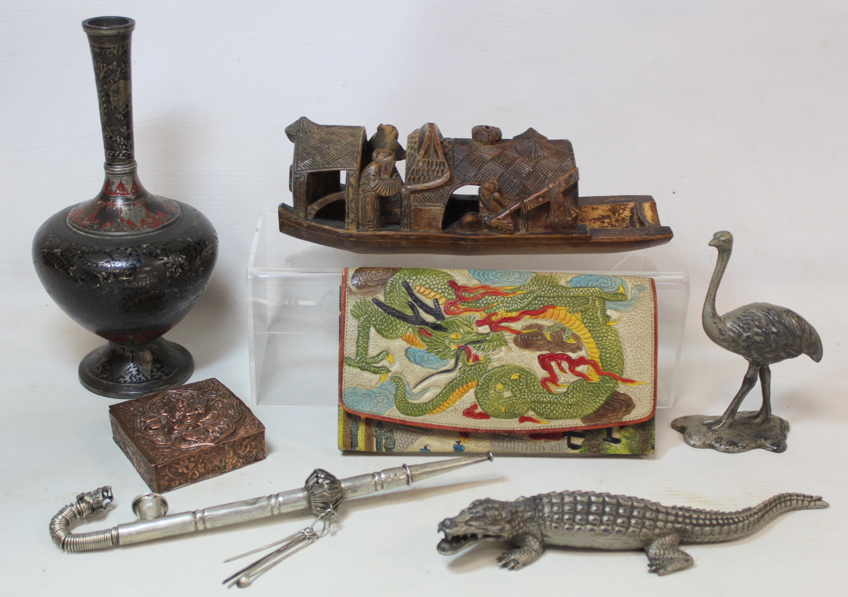 Small collection of Eastern and Oriental items, comprising: carved bamboo Chinese river boat or