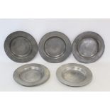 Set of five 19th century pewter plates, each 20.5cm diameter, all with rose and crown mark (some