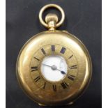 Keyless lever watch, unsigned, three quarter plate in 18ct gold half hunter case, 1886, 47g