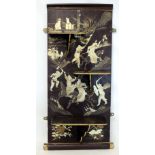 Early 20th century Oriental black and gilt lacquer folding wall shelves, the rectangular back