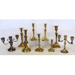 Collection of Georgian and later brass candlesticks, the largest 28cm high, the smallest 14cm