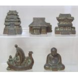 Five vintage mid 20th century "Occupied Japan" bronzed spelter ornaments from a series by S. N.