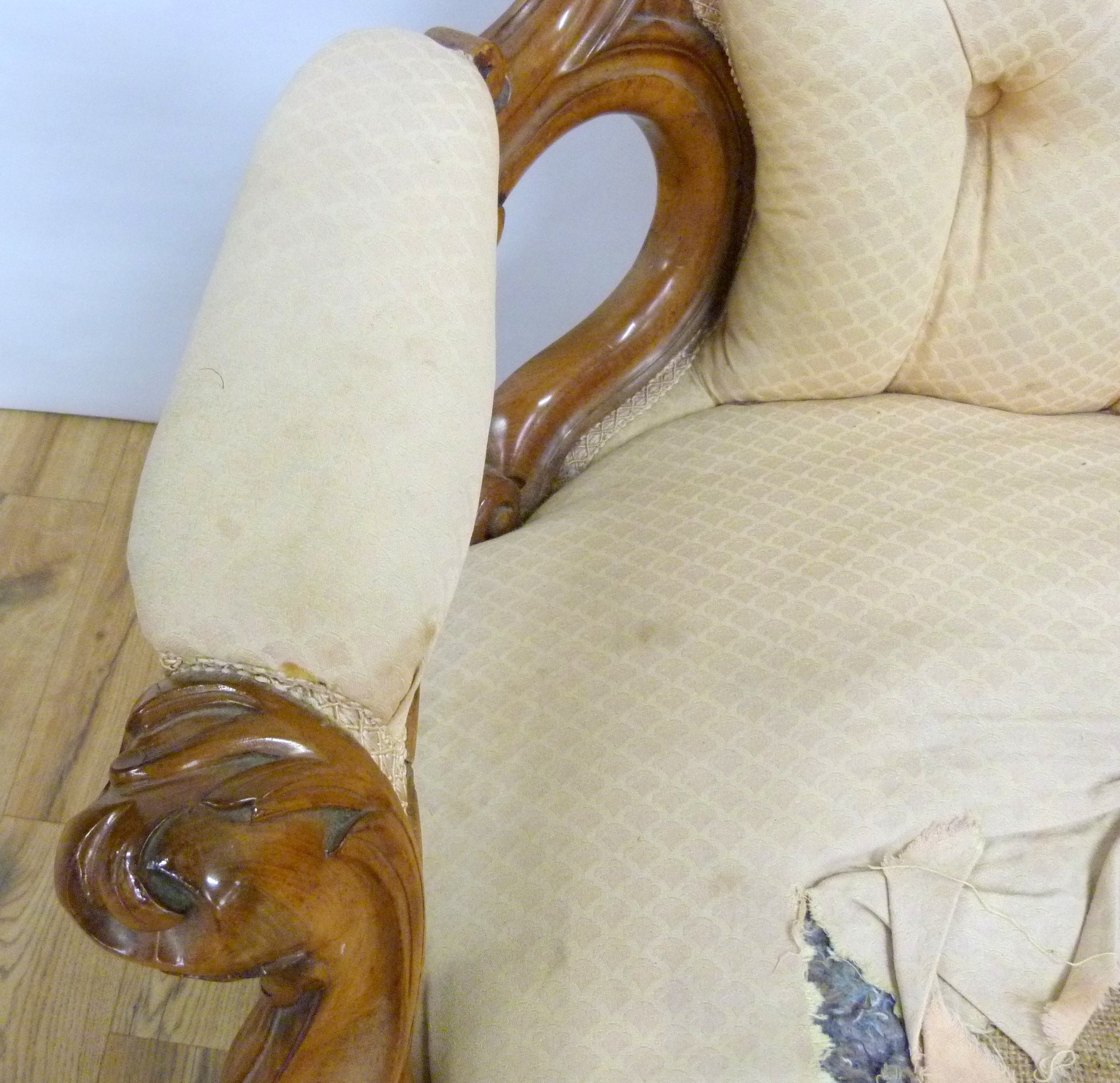 Victorian walnut framed ladies chair with floral carved toprail, upholstered button back and seat - Image 5 of 24