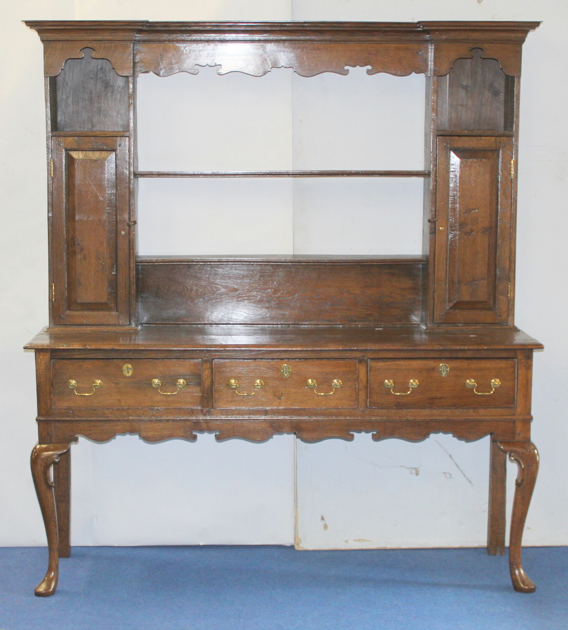 18th century oak dresser,the open rail back flanked by two spice cupboards over three frieze - Image 2 of 2