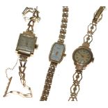 Three lady's 9ct gold bracelet watches.