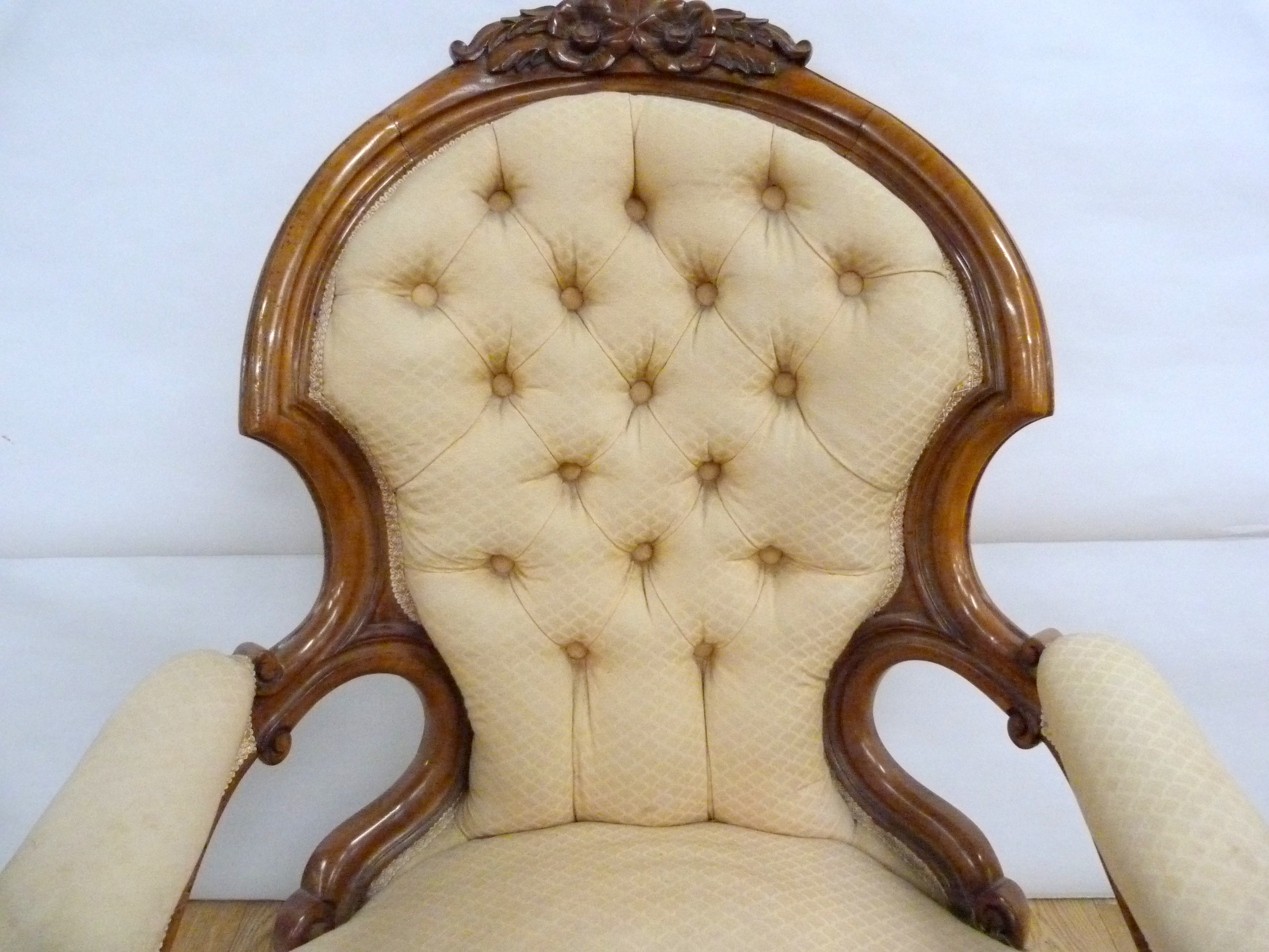 Victorian walnut framed ladies chair with floral carved toprail, upholstered button back and seat - Image 3 of 24