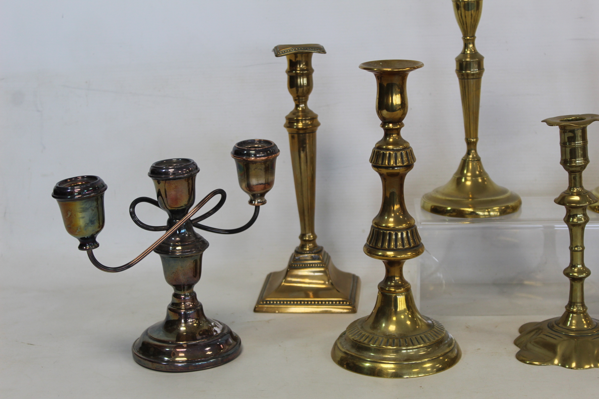 Collection of Georgian and later brass candlesticks, the largest 28cm high, the smallest 14cm - Image 2 of 4
