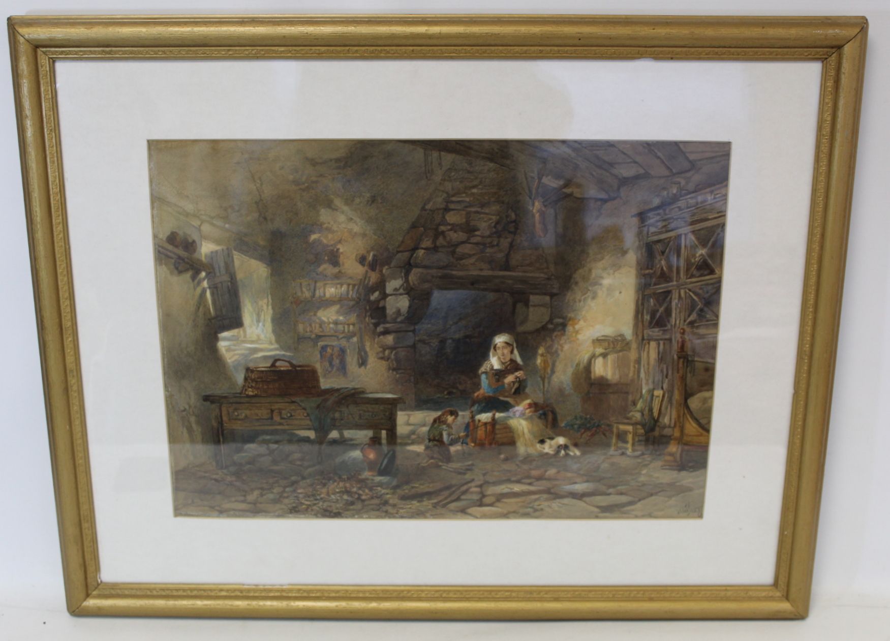 J. V. DE FLEURY (FL. 1847-1868).Cottage interior with figures.Watercolour.38cm x 54cm.  Signed.