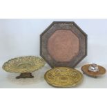 Late 19th/early 20th century Continental gilt painted pierced metal dish with four panels of