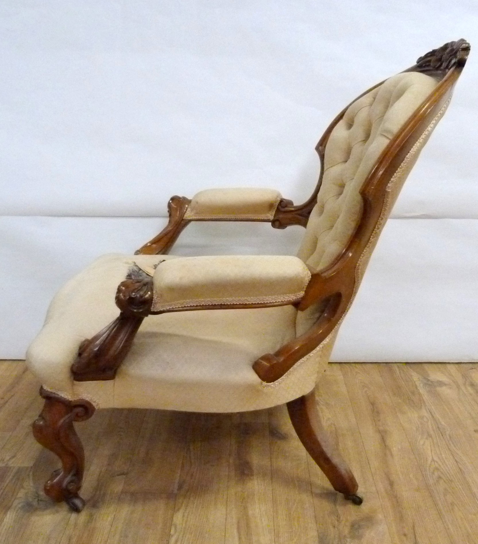 Victorian walnut framed ladies chair with floral carved toprail, upholstered button back and seat - Image 7 of 24