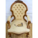 Victorian walnut framed ladies chair with floral carved toprail, upholstered button back and seat