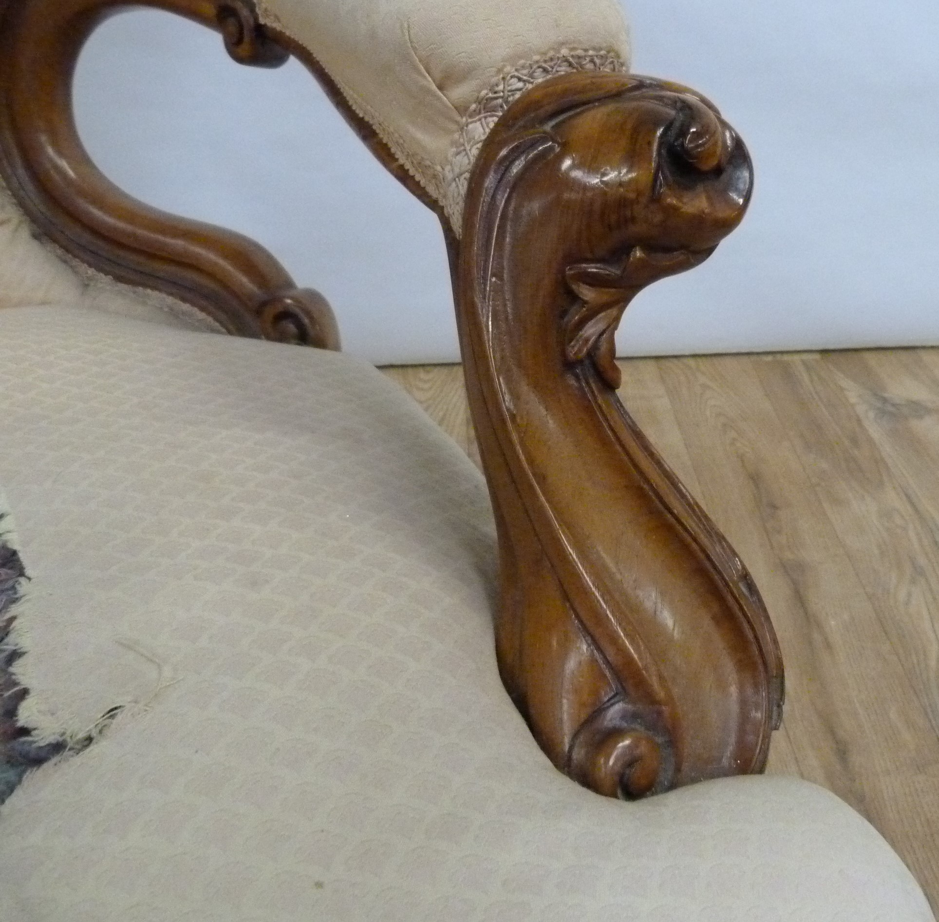 Victorian walnut framed ladies chair with floral carved toprail, upholstered button back and seat - Image 12 of 24