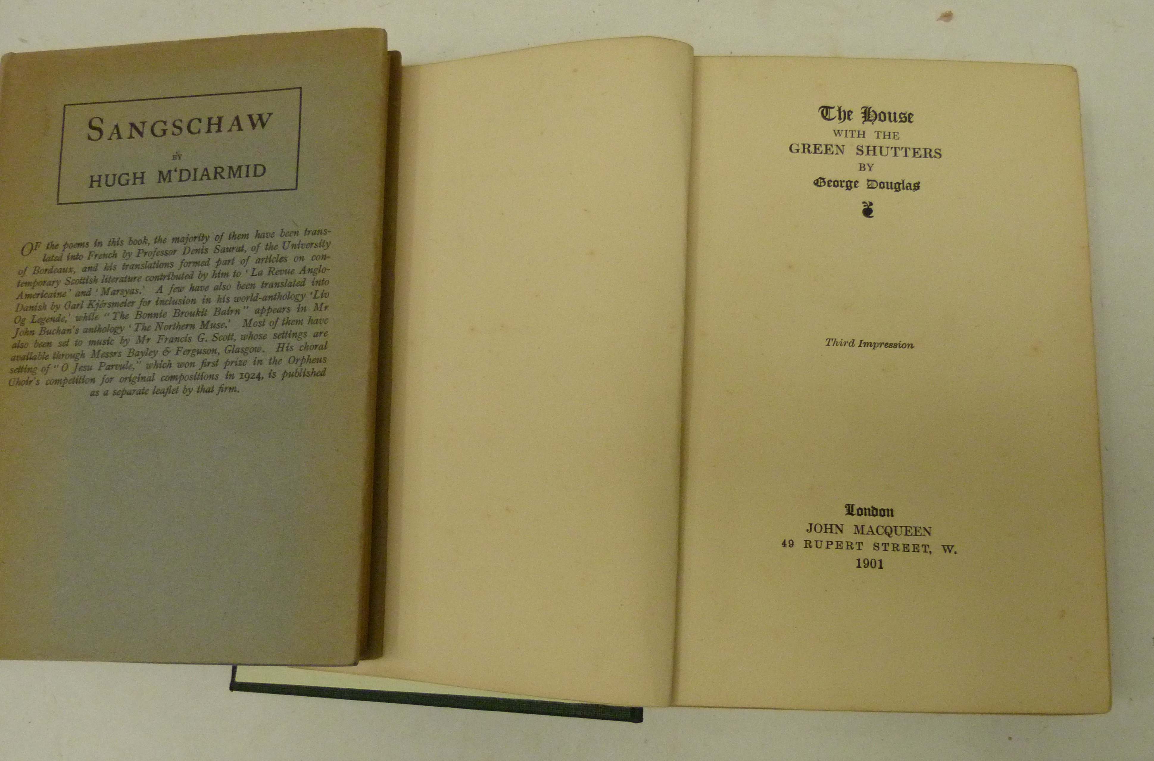 "HUGH MCDIARMID".  Sangschaw. Orig. blue cloth in d.w. 1st ed., 1925; also George Douglas, The House - Image 3 of 4