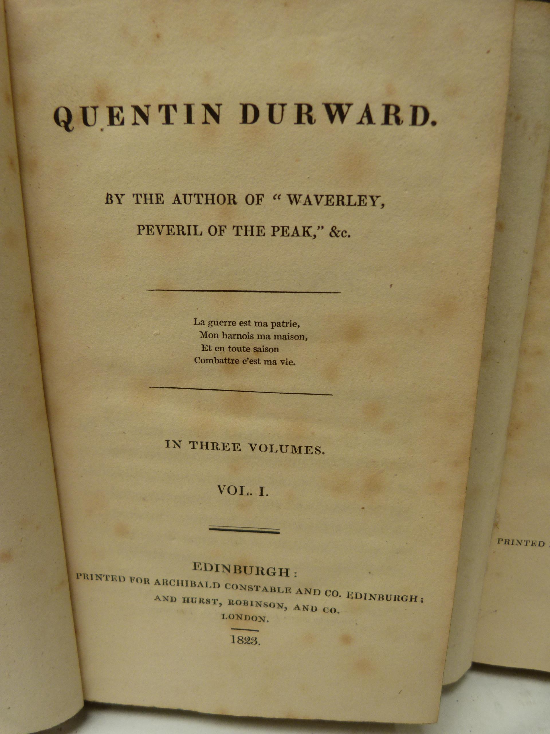 SCOTT SIR WALTER.  Quentin Durward. 3 vols. 12mo. Qtr. calf. First edition, Edinburgh, 1823; also - Image 4 of 4