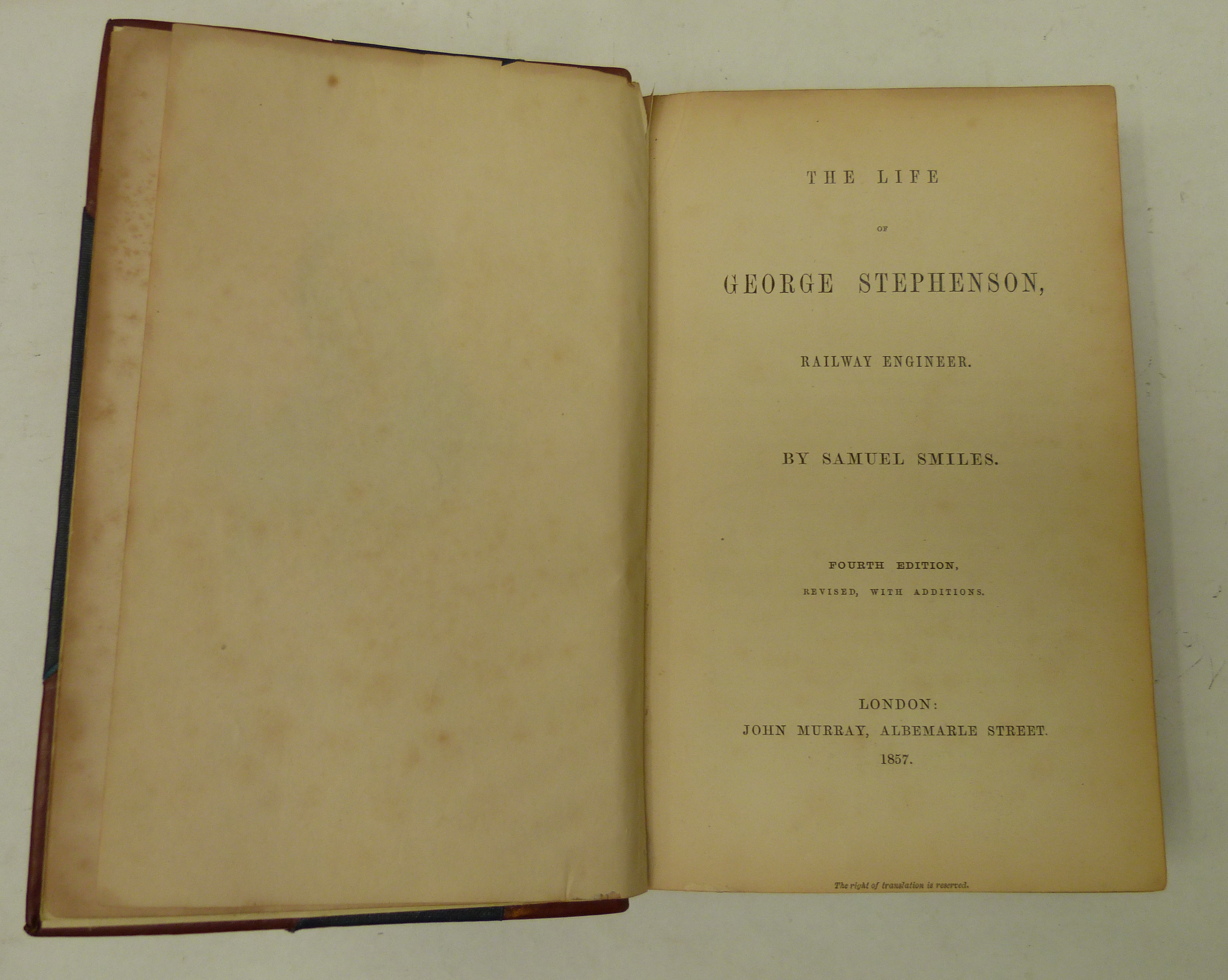 SMILES SAMUEL.  The Life of George Stephenson, Railway Engineer. Port. frontis. Rebound half calf. - Image 2 of 2