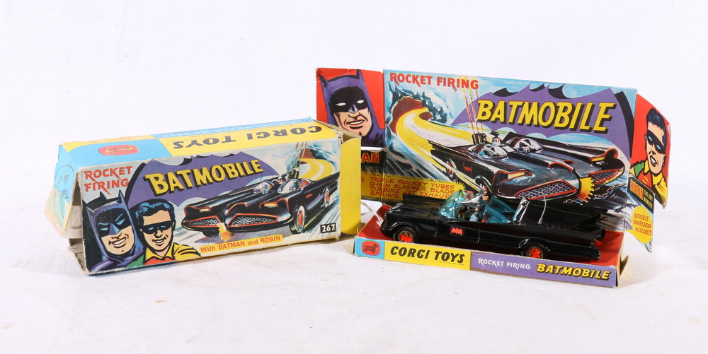 Corgi Toys 267 diecast rocket firing Batmobile with Batman and Robin, first type example without tow