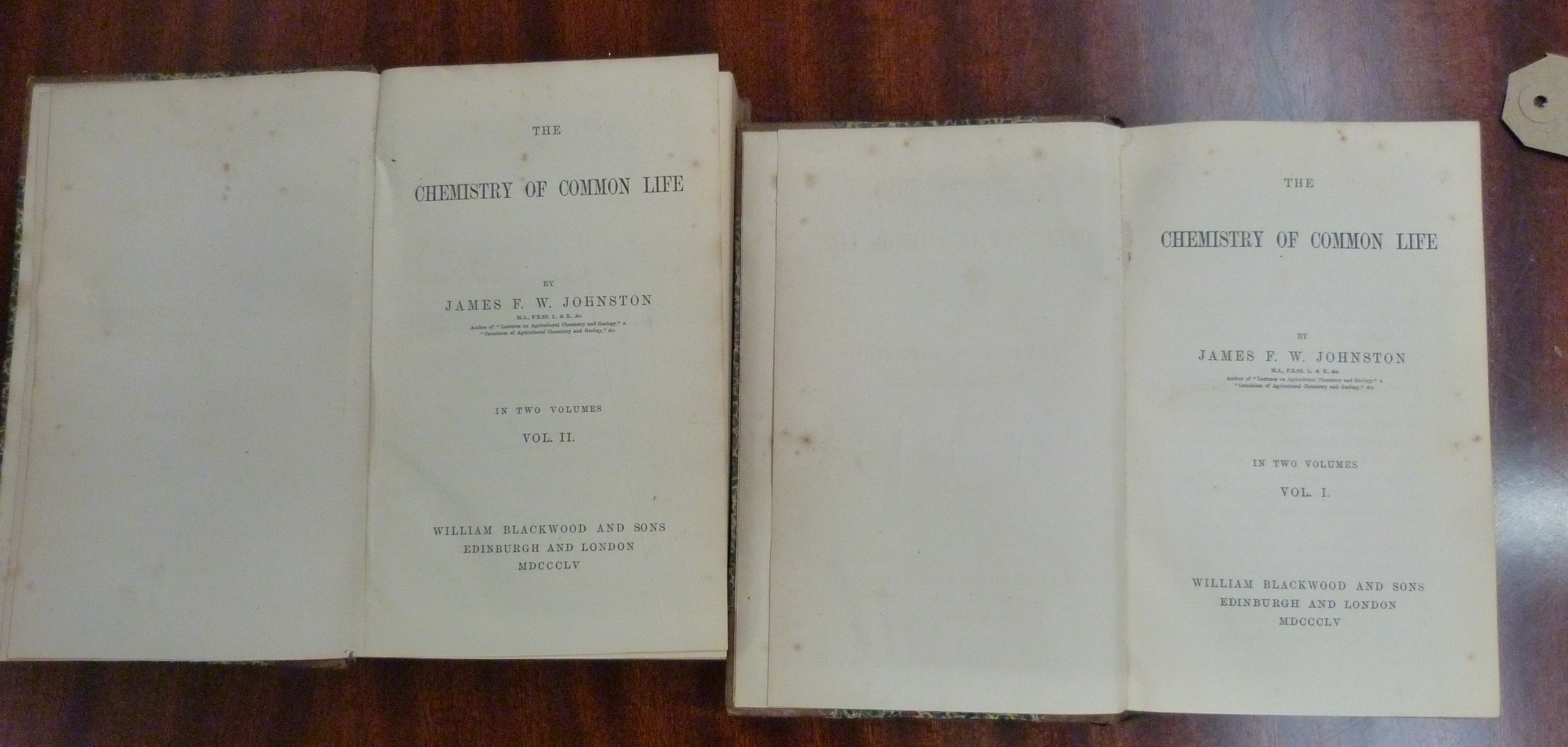 JOHNSTON J. F. W.  The Chemistry of Common Life. 2 vols. Text illus. Half calf. 1855. - Image 2 of 2