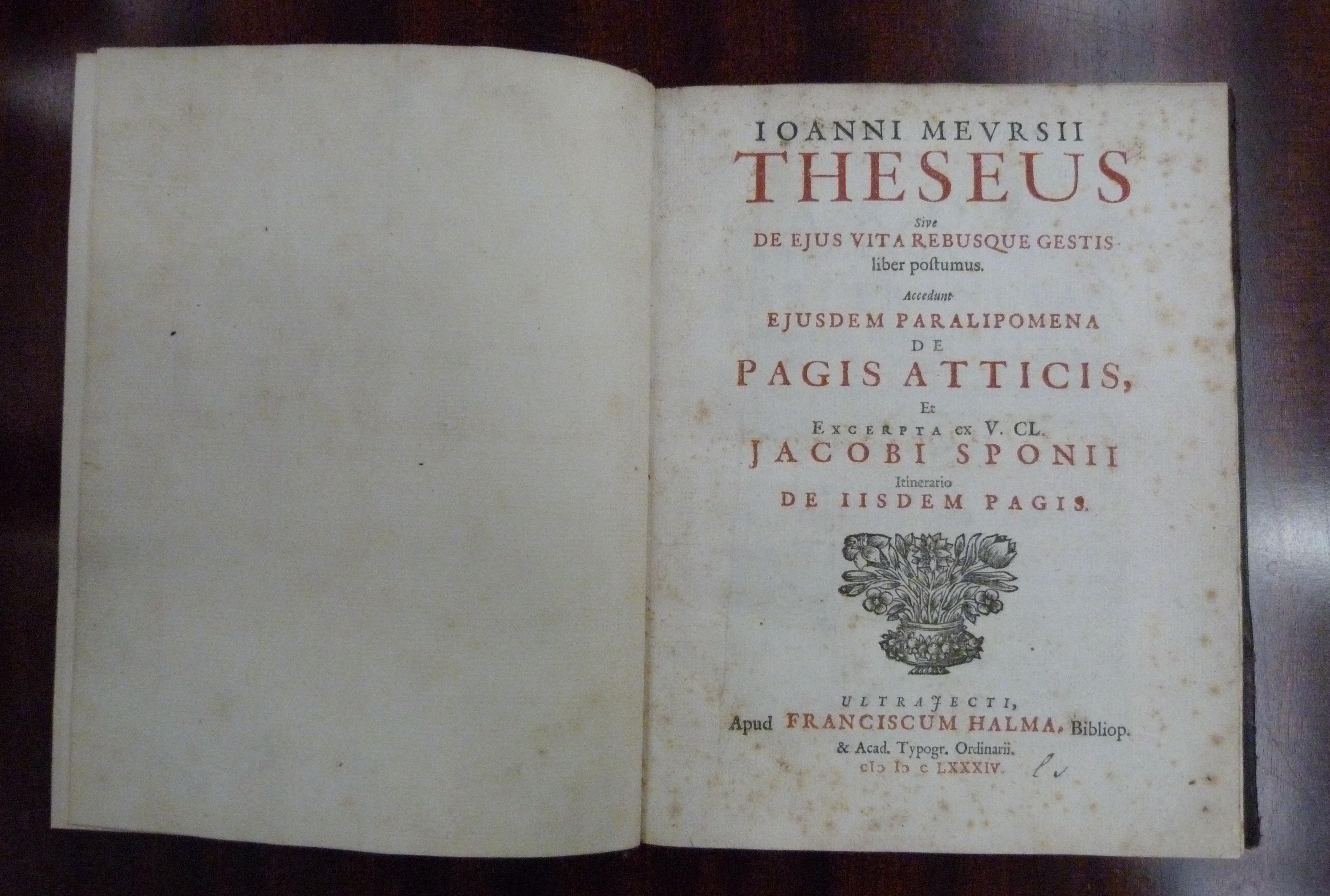 MEURIUS JOANNES.  Theseus. Rubricated title (foxing). Small quarto. Utrecht, 1684; bound in rubbed - Image 2 of 3