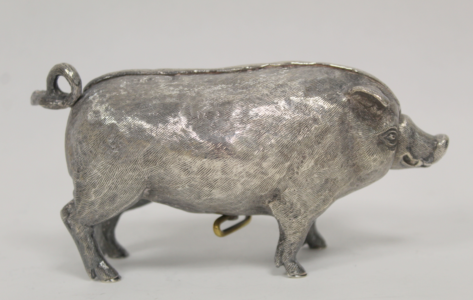 Good cast silver table bell, realistically modelled as a pig, with actuating snout and tail, by - Image 3 of 5