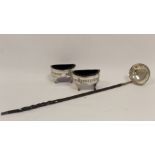 Pair of silver oval salts, pierced, by James Mince 1799 and toddy ladle with baleen handle.
