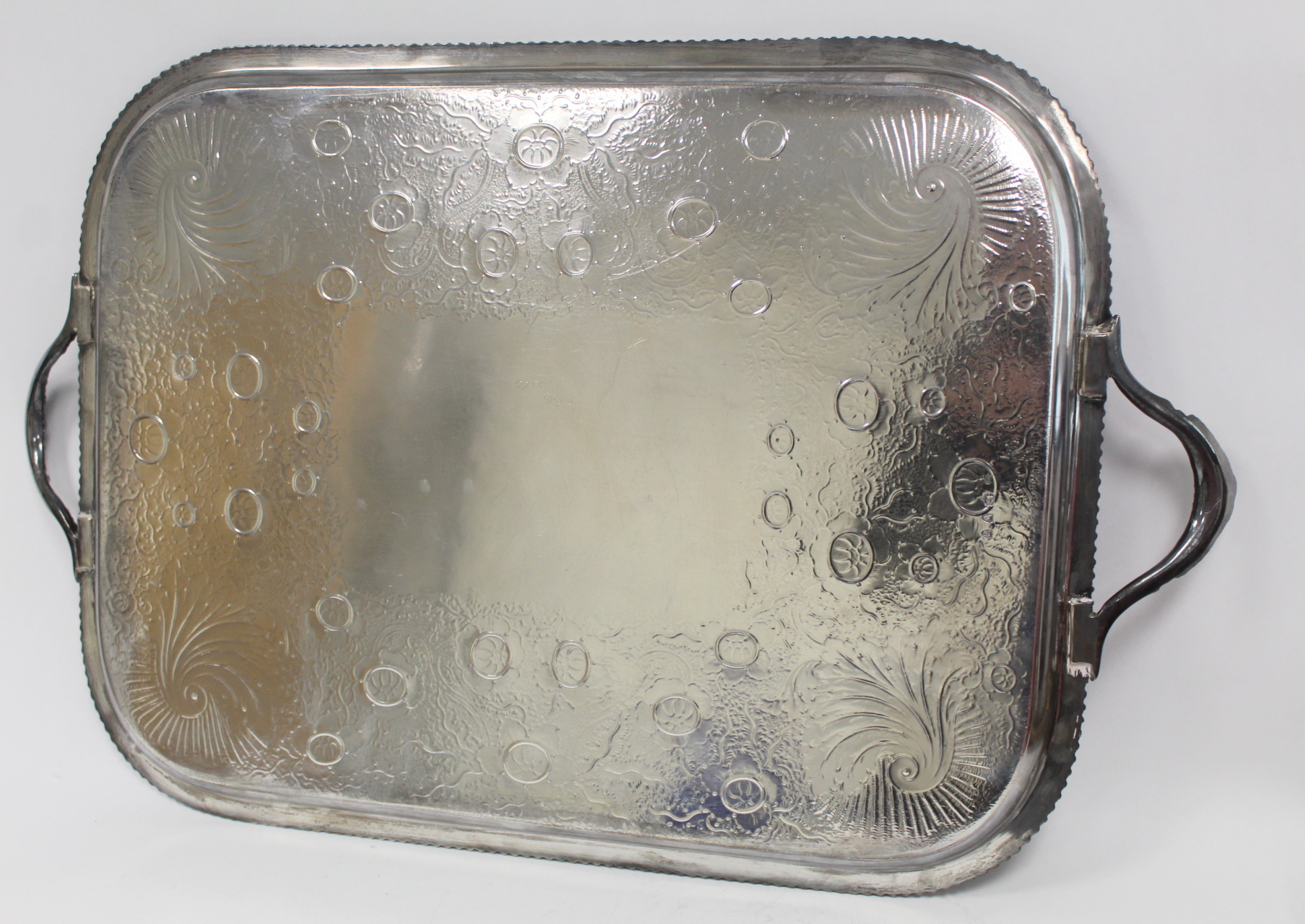 Good late Victorian silver tea tray, rectangular with rounded corners, embossed scrolls, flowers and - Image 3 of 4