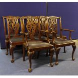 Set of eight mahogany dining chairs including two carvers with carved pierced splats, slip in