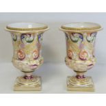 Pair of early 19th century Derby style porcelain vases of campana urn form decorated with foliate