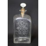 19th century etched glass decanter of rectangular form decorated with floral sprays, the metal and