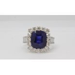 18ct gold large cushion shaped sapphire and diamond cluster ring of square shape with diamond