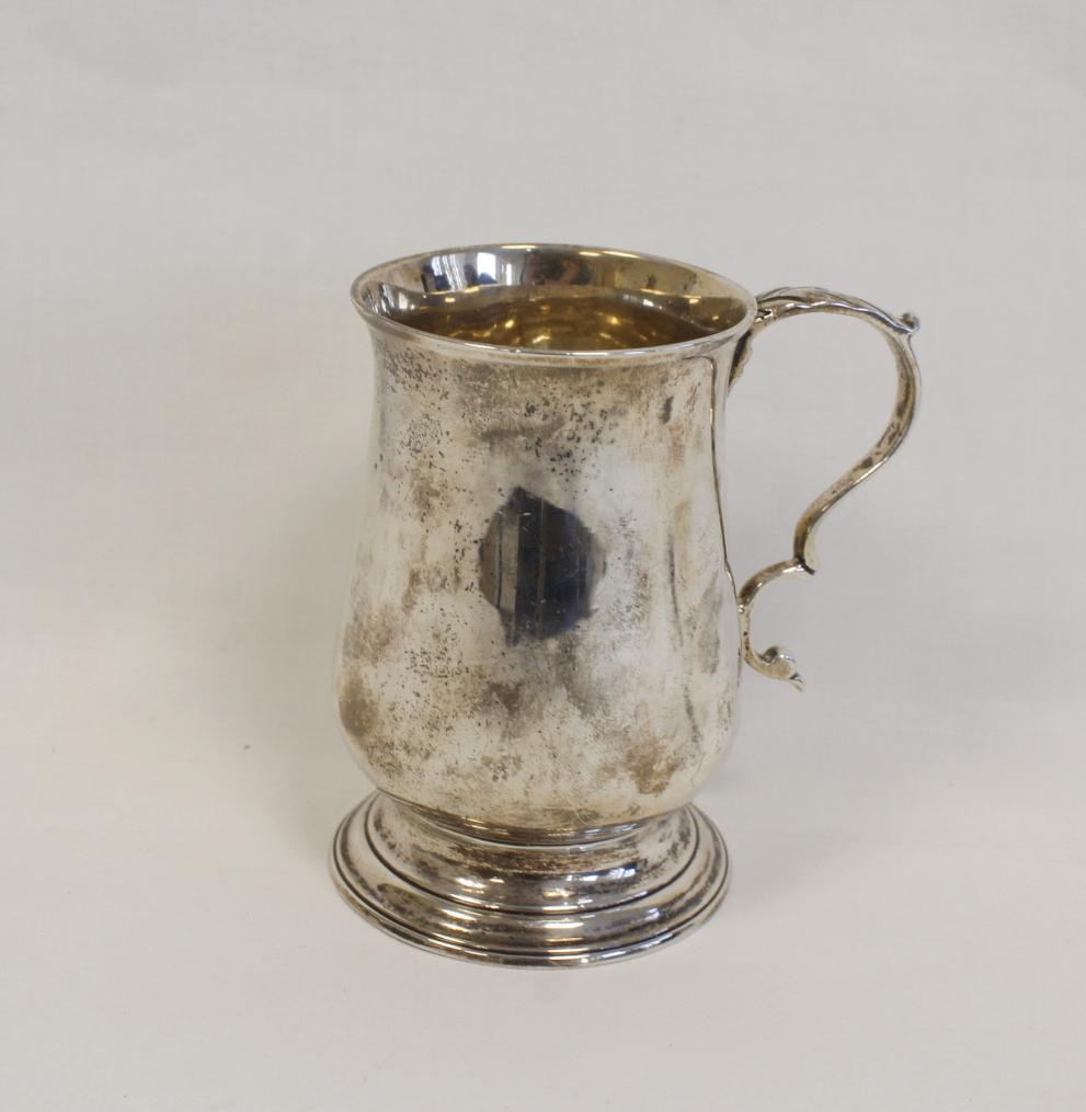 Silver baluster christening mug with scroll handle on moulded foot, initialled Maker P.B? 1797.