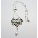 Silver necklace set with marcasite, plique-a-jour and a supended pearl.
