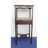 19th century mahogany two tier night stand, the square top with canted corners over single drawer