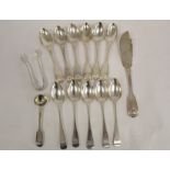 Eleven silver tea spoons, London 1829/40 and Exeter 1836, a butter knife, 1877, a sugar tongs and