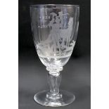 Large antique clear glass goblet, the deep rounded bowl with engraved hunting scene with huntsman,