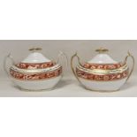 Pair of late 18th/early 19th century English porcelain sucriers of twin handled oval form with domed