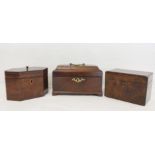George III mahogany tea caddy with canted top, brass handle and escutcheon and four bracket feet,