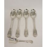 Four silver tablespoons, fiddle, thread and shell 1830/1863 and a similar jam spoon 14oz 440g.