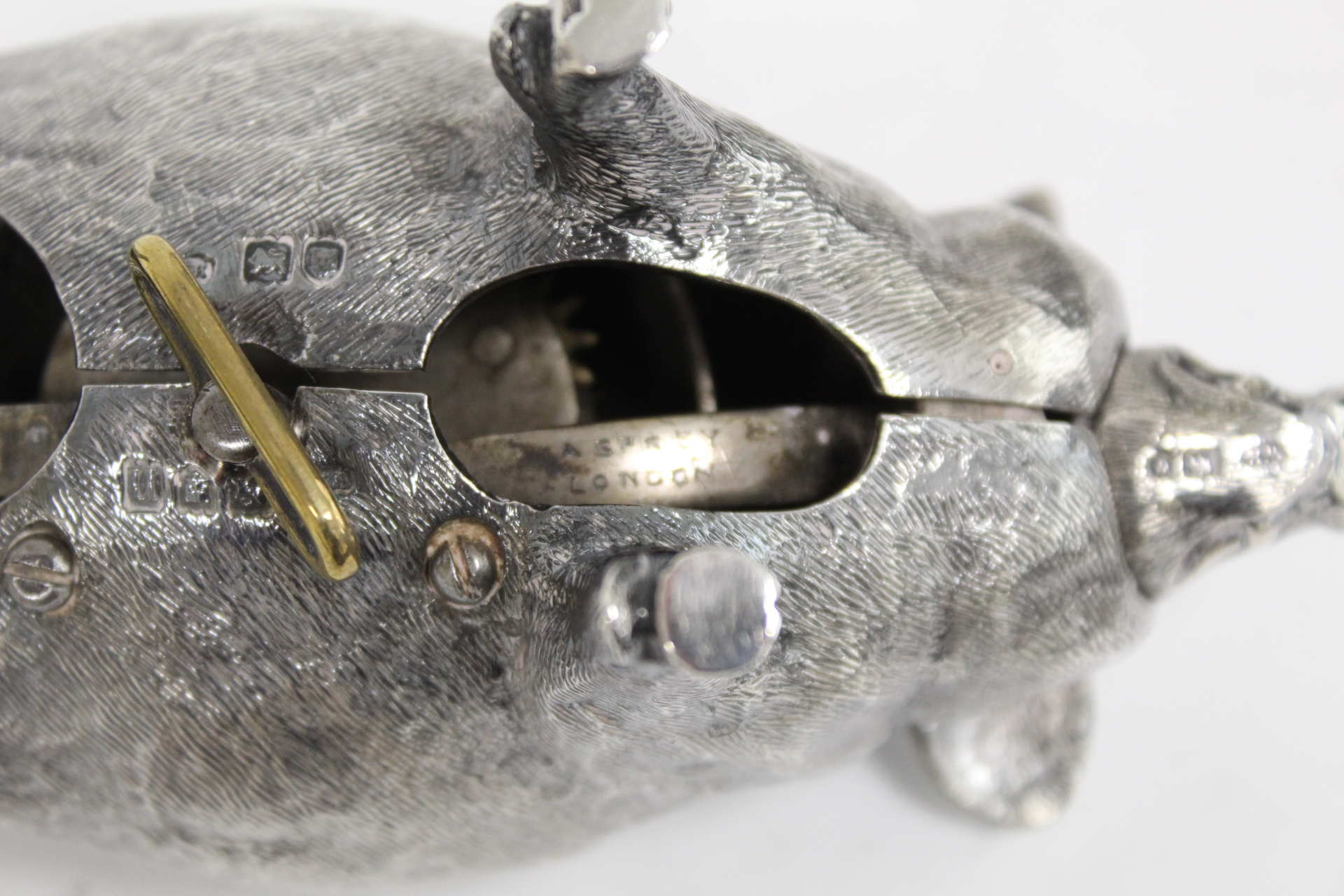 Good cast silver table bell, realistically modelled as a pig, with actuating snout and tail, by - Image 5 of 5