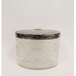 Victorian cut glass oval biscuit box with engraved bands and e.p mount