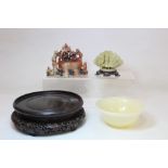 Chinese mutton fat jade hardstone bowl, 12cm diameter, two small soapstone carvings, 10cm and 7.