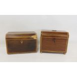 Georgian tea caddy of rectangular form with inlaid stringing and banding, four brass ball feet,