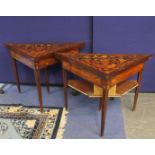 Pair of 19th century Dutch triangular drop flap card tables each inlaid with urns, flowers & motifs.