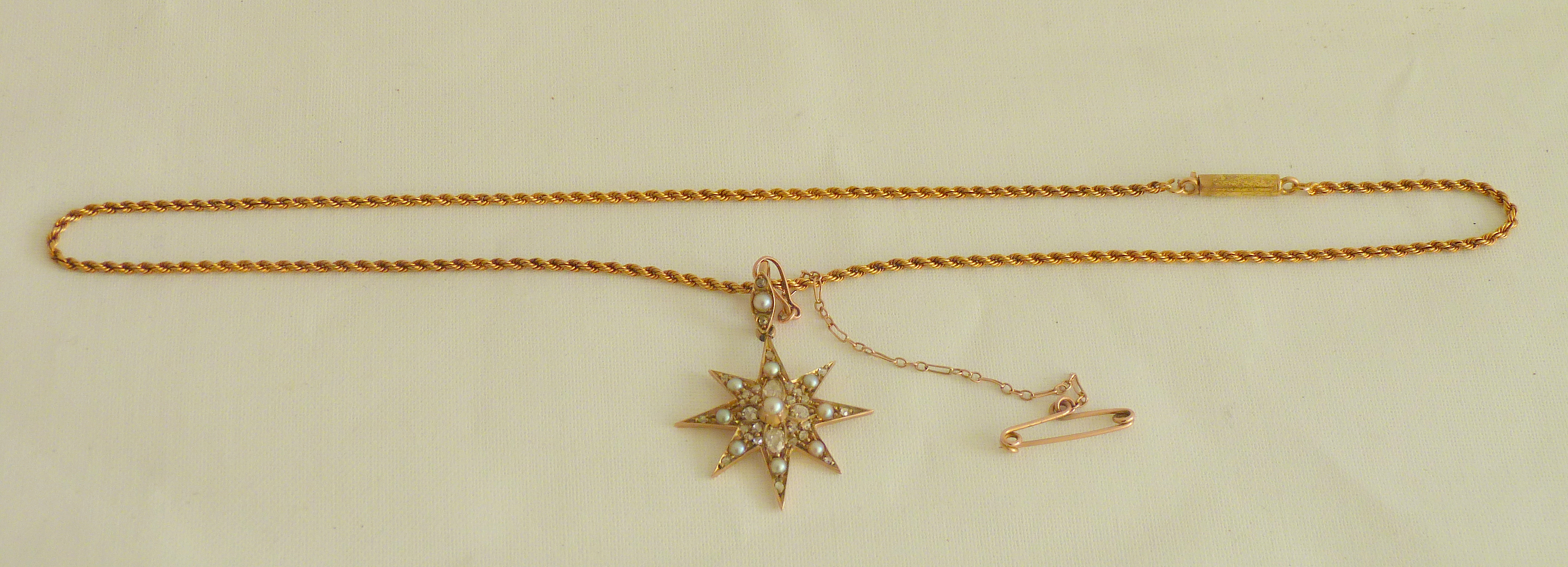 Victorian gold star pendant with diamonds and pearls on Prince of Wales pattern necklet "15" 7.9g