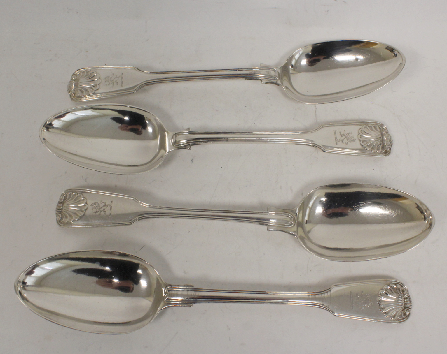 Four silver tablespoons, fiddle, thread and shell 1830/1863 and a similar jam spoon 14oz 440g. - Image 2 of 6