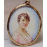 Late 19th century/early 20th century portrait of a lady, watercolour on ivory, 7cm x 5.5cm (oval),
